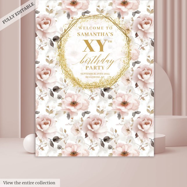 Tenture Booth Photo Anniversaire Fleurie Rose Poussiéreux  (Delightful Dusty Pink Floral Birthday Photo Booth Tapestry)