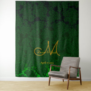 Tenture Booth Photo de Mariage Monogramme Or Vert Chasseur