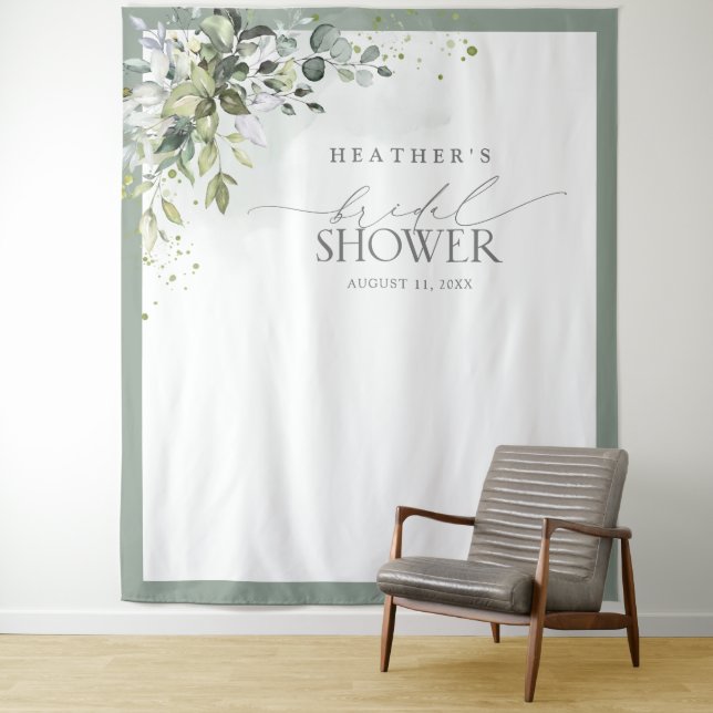 Tenture Booth photo Dusty Blue Eucalyptus Fête des mariées (En situation)