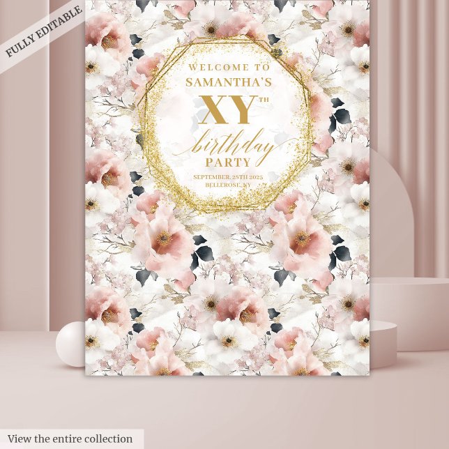 Tenture Booth Photo Fleur rose poudré élégant pour Anniver (Graceful Dusty Pink Floral Birthday Photo Booth Tapestry)