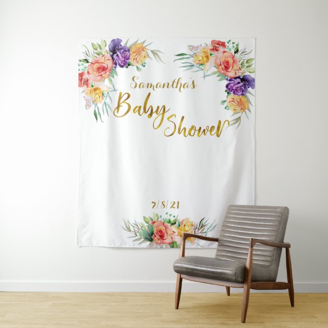 Tenture Booth photo fond Baby shower Floral Gold (En situation)