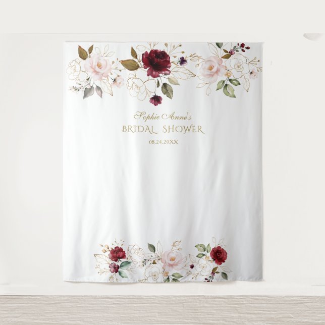 Tenture Booth photo Mariage Burgundy Gold Flowers (Devant)