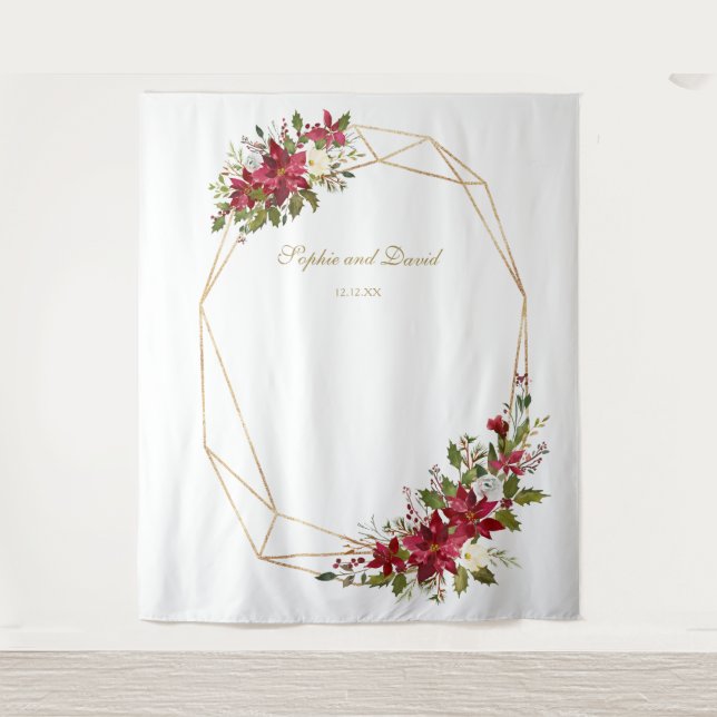 Tenture Booth photo Mariage Red Poinsettia Gold Frame (Devant)