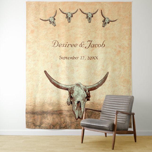 Tenture Booth photo Mariage Western Brown Bull Skull (En situation)