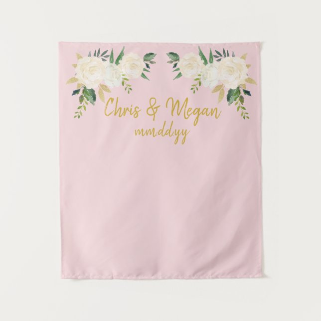 Tenture Booth Prop Mariage Boho fond rose or (Devant)