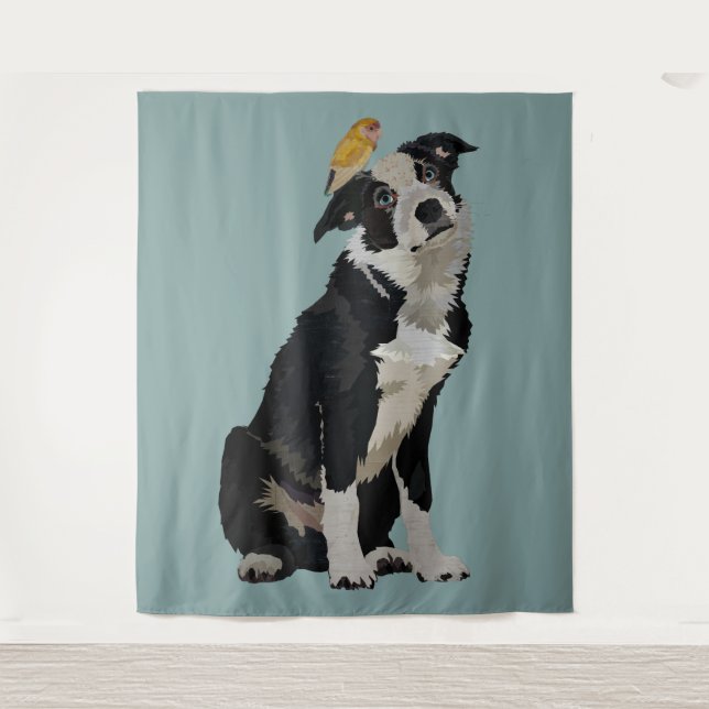 TENTURE BORDER COLLIE ET OISEAU D'OR (Devant)