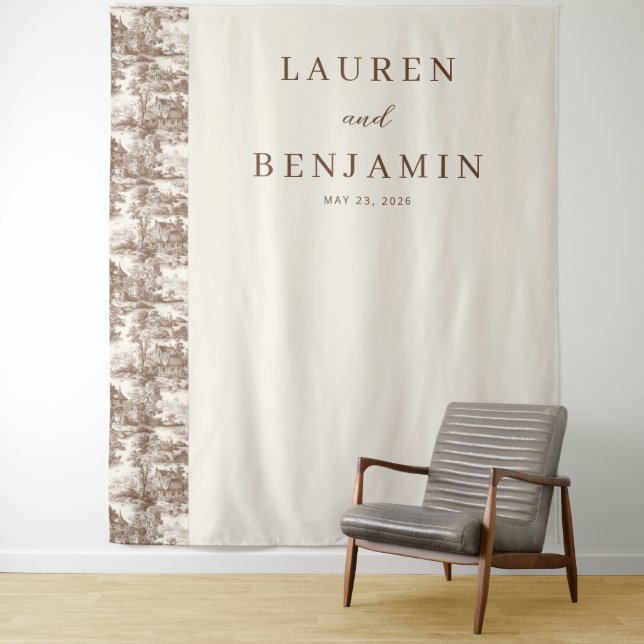 Tenture Bordure Élégante d'Arbre et de Maison en Beige (En situation)