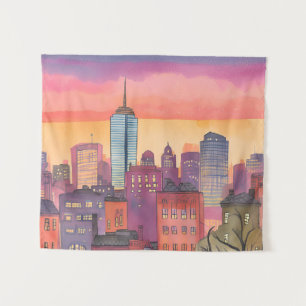 Tenture Boston North End Aquarelle MA Paysage Urbain
