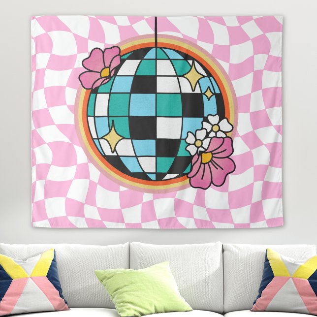 Tenture Boule Disco Rose Groovy Années 60 Hippie Rétro Car (disco ball retro tapestry wall hanging, pink checkered print, 60s 70s hippie college dorm room decor)