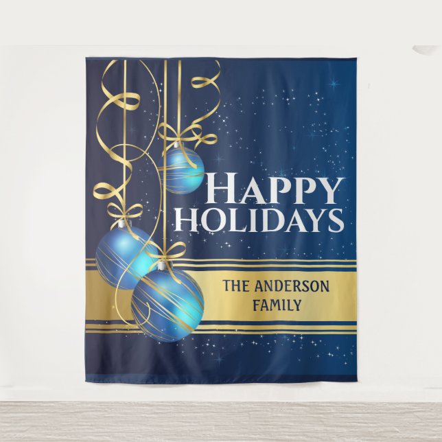 Tenture Boules de Noël dorées bleues ruban joli salutation (Devant)