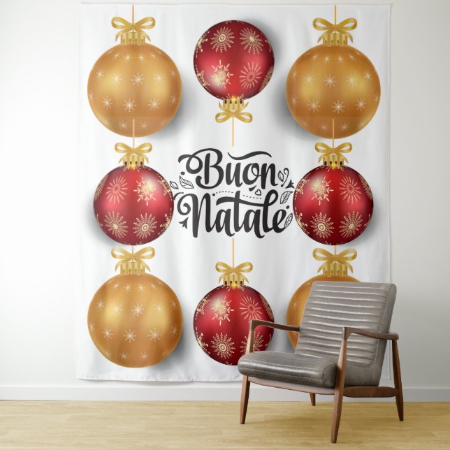 Tenture Boules de Noël rouges et dorées Buon Natale italie (En situation)
