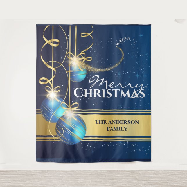 Tenture Boules d'or bleues rennes traîneau du Père Noël vœ (Devant)