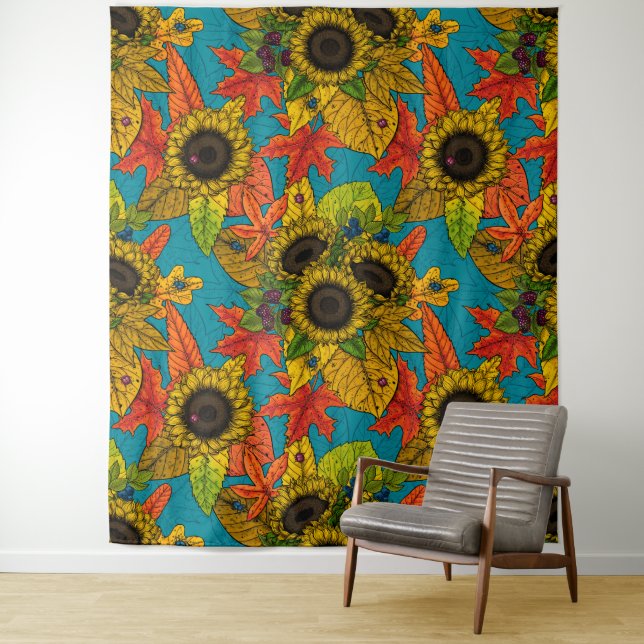 Tenture Bouquet d'automne en bleu (En situation)