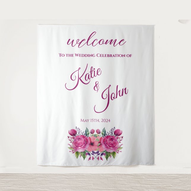 Tenture Bouquet de fleurs roses d'aquarelle-Mariage (Devant)