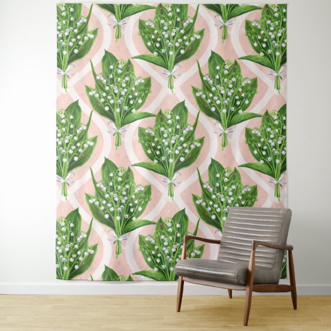 Tenture Bouquet de lys de la vallée fleurs sur rose (En situation)
