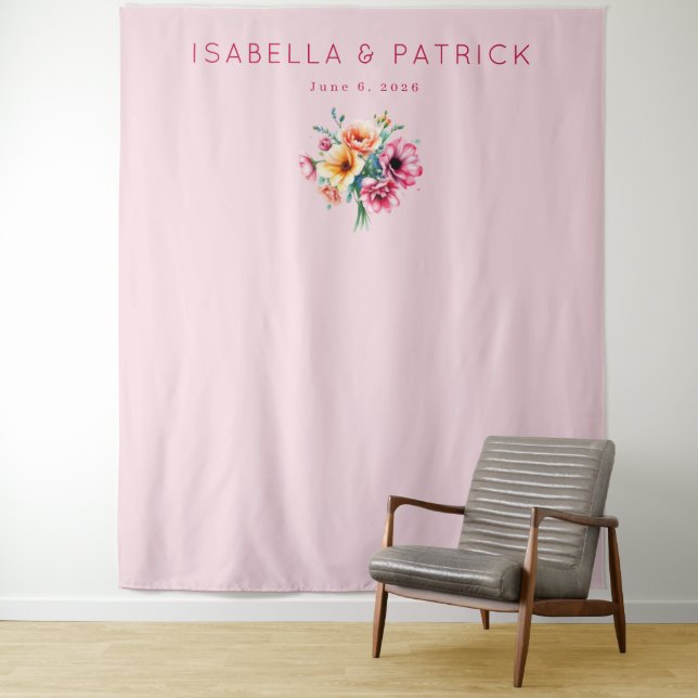 Tenture Bouquet Floral Aquarelle Rose Romantique (En situation)