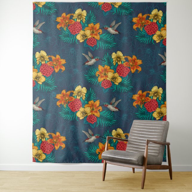 Tenture Bouquet tropical et colibris (En situation)