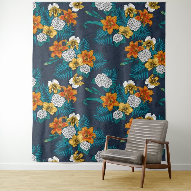 Tenture Bouquet tropical sur bleu (En situation)