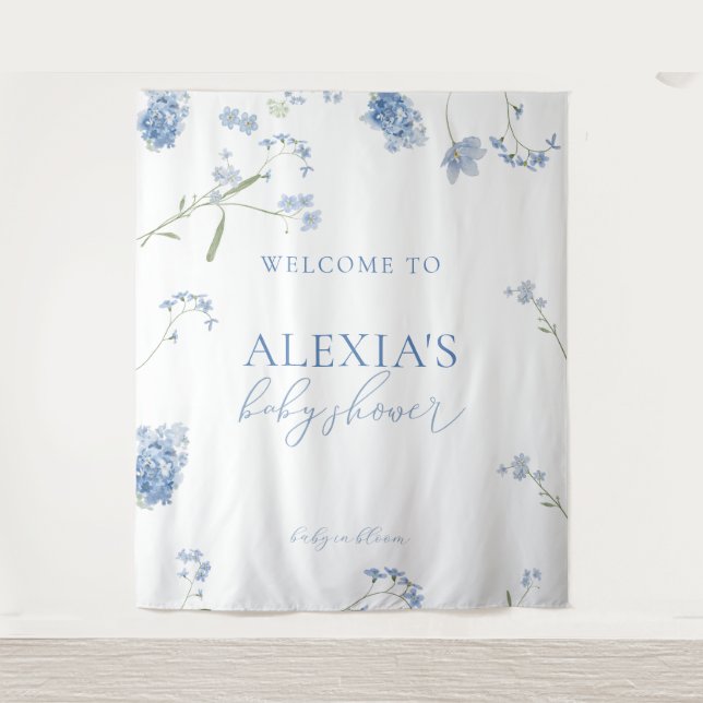 Tenture Boy Blue Baby in Bloom Baby Shower Welcome Sign (Devant)