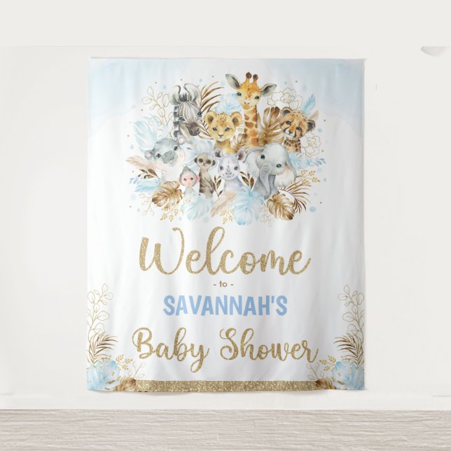 Tenture Boy Tropical Safari Animaux Baby shower Bienvenue (Devant)