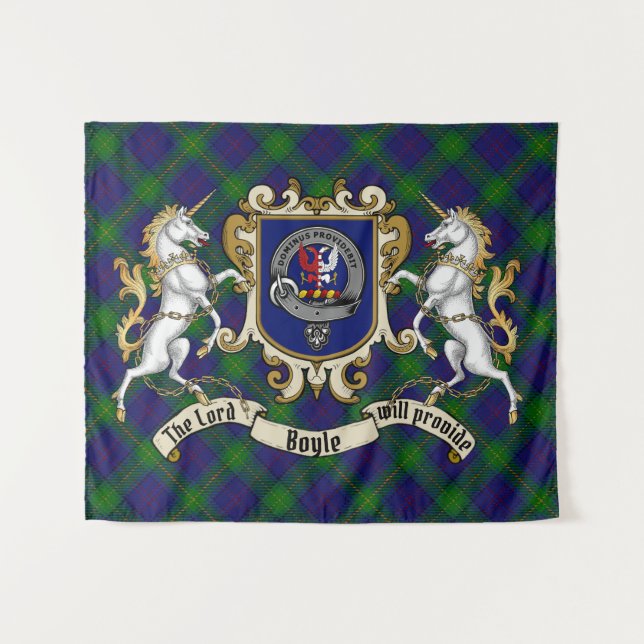 Tenture Boyle Clan Badge & Unicorns avec Tartan (Devant (Horizontal))