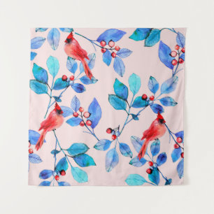 Tenture Branche avec baies et oiseaux aquarelle illustrée