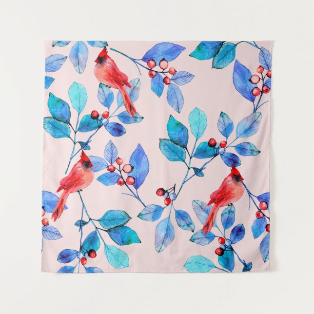 Tenture Branche avec baies et oiseaux aquarelle illustrée (Devant)