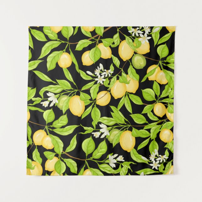 Tenture Branche de citron avec citrons, fleurs et feuilles (Devant)