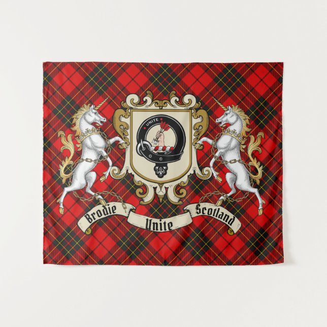 Tenture Brodie Clan Badge & Unicorns avec Tartan (Devant (Horizontal))