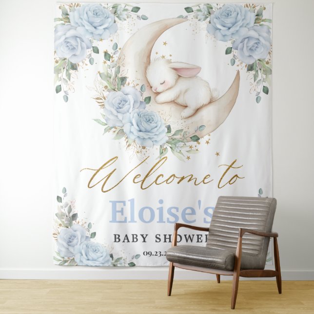 Tenture Bunny Rabbit Blue Floral Moon Baby Shower Welcome  (En situation)