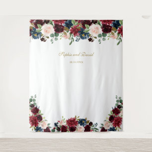 Tenture Burgundy Blue Floral Mariage Photo Booth Backdrop
