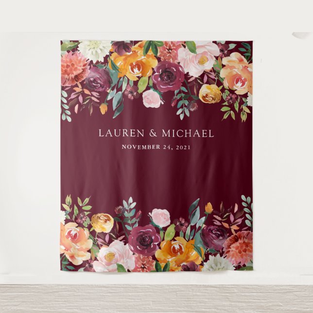 Tenture Burgundy Blush Floral fond | Photo Booth Prop (Devant)