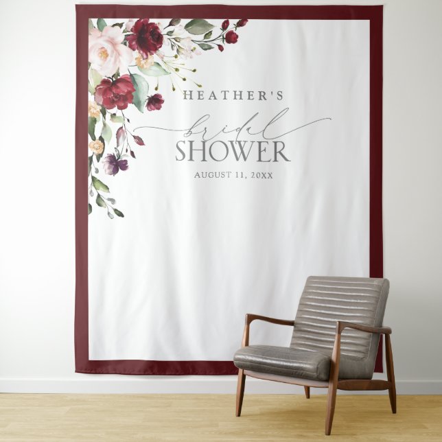 Tenture Burgundy Floral Aquarelle Douche Photo Booth (En situation)
