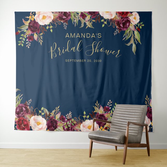 Tenture Burgundy Floral Navy Shower de Mariage Photobooth (En situation (horizontale))