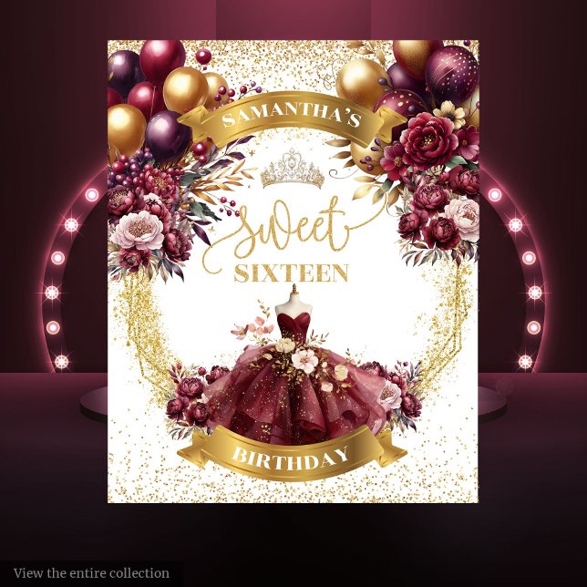 Tenture Burgundy Gold Sweet 16 Arrière-plan Parties scinti (Burgundy Gold Sweet 16 Backdrop Watercolor Glitter)