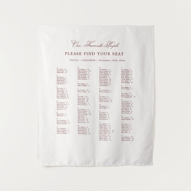 Tenture Burgundy Wedding Seating Chart Alphabetical Fabric (Devant)