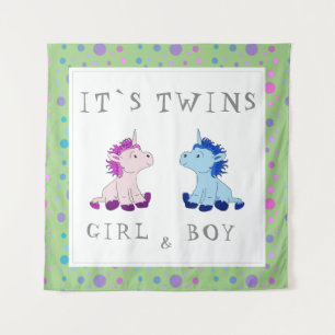 Tenture C`est Twins Unicorn Baby shower rose et bleu