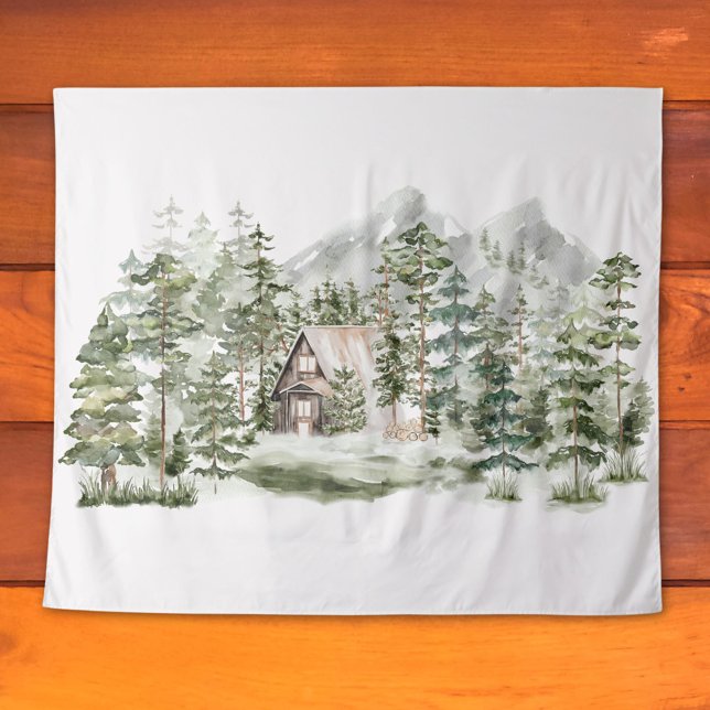 Tenture Cabane à l'aquarelle dans la forêt de pins verts b (In situ)
