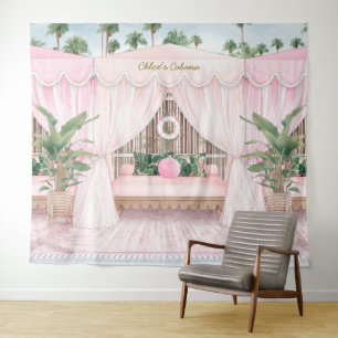 Tenture Cabanon de piscine rose et blanc d'été