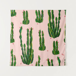 Tenture Cacti seamless pattern watercolor. Cactus in bloss