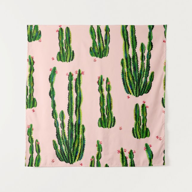 Tenture Cacti seamless pattern watercolor. Cactus in bloss (Devant)