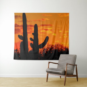 Tenture Cactus De L'Arizona Saguaro Avec Coucher De Soleil