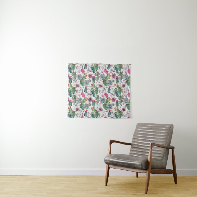 Tenture Cactus exotique d'aquarelle de Boho et motif (En situation (horizontale))