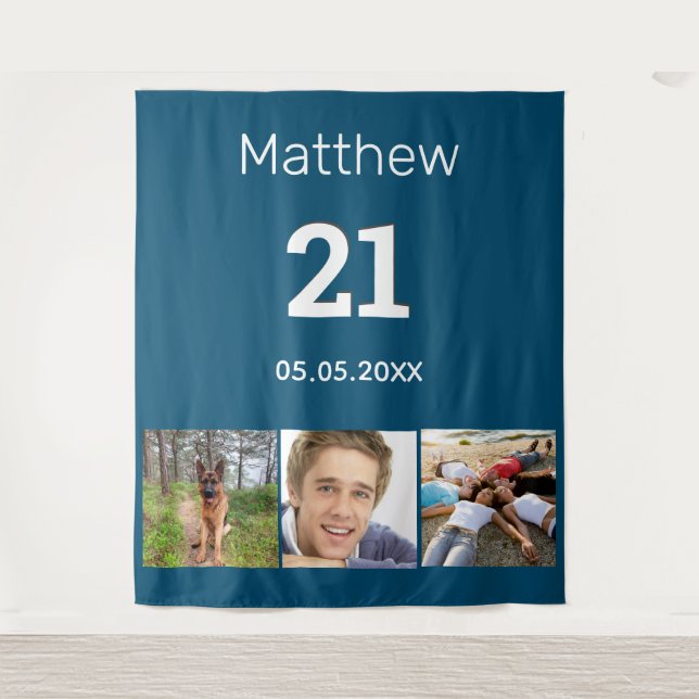 Tenture cadeau bleu de 21 ans avec monogramme pour homme (Devant)