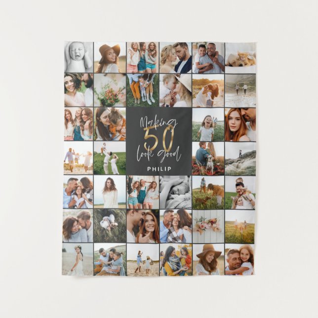 Tenture Cadeau de script multi-photo 50e anniversaire mode (Devant)