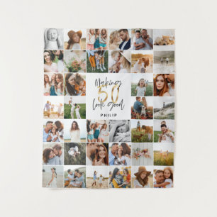 Tenture Cadeau de script multi-photo d'anniversaire 50 ans