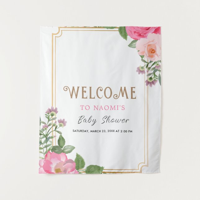 Tenture Cadre de Baby Shower Fille Fleurs Rose Doré (Devant)
