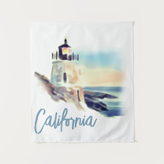 Tenture California Lighthouse Sunset Painting Fine Art (Devant)