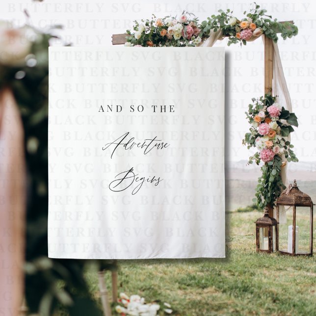 Tenture Calligraphie Élégante « Et Ainsi L'Aventure Commen (and so the adventure begins wedding photo backdrop banner )