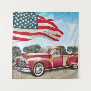 Tenture Camion de ramassage rouge : Drapeau américain Vint